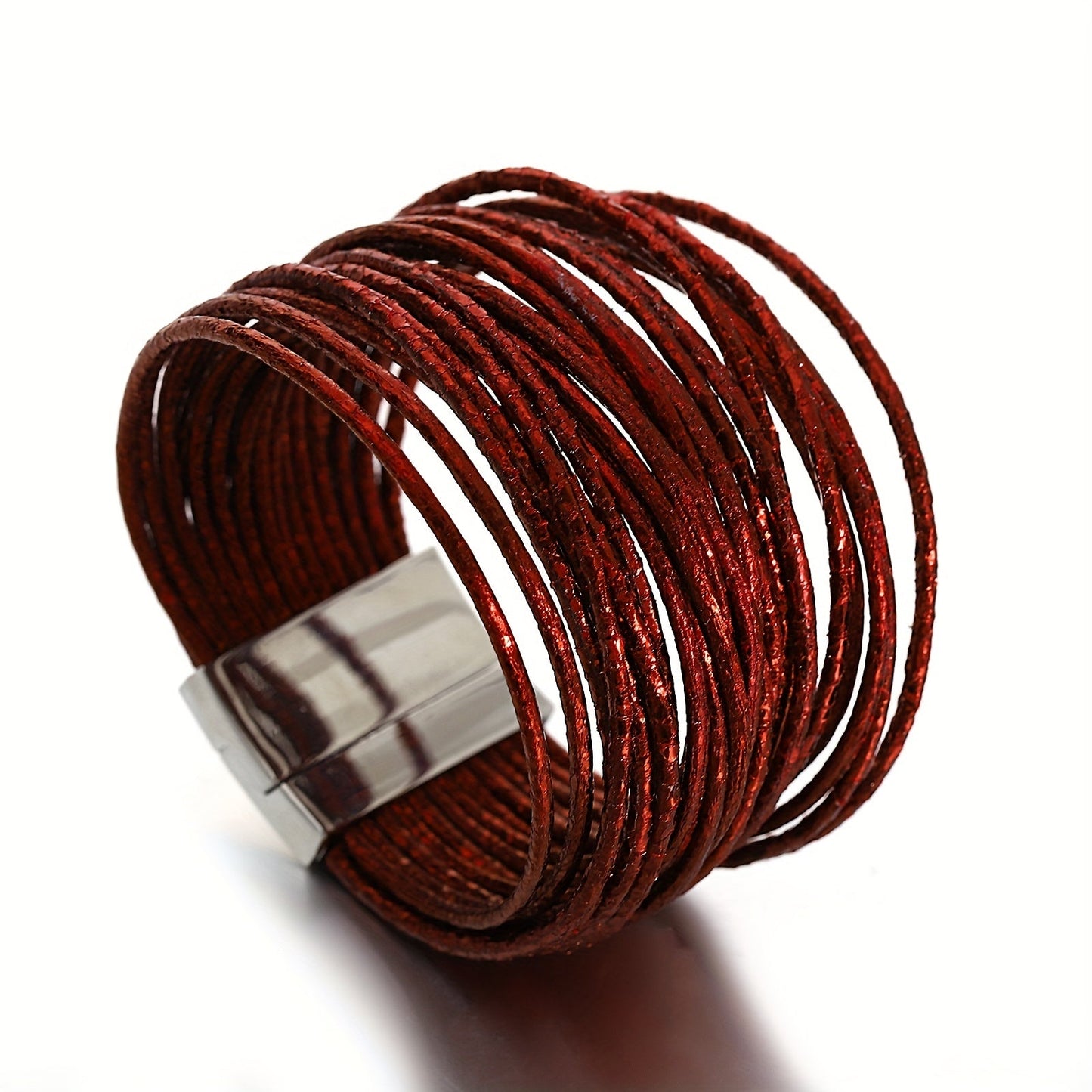 This Multilayer Wrap Bracelet features Slim Stripes and Metallic Shiny Glitter Leather, with a Magnetic Clasp that makes it easy to put on and take off. Perfect for Men and Women, this Bracelet is great for Holiday Parties and makes a unique Birthday