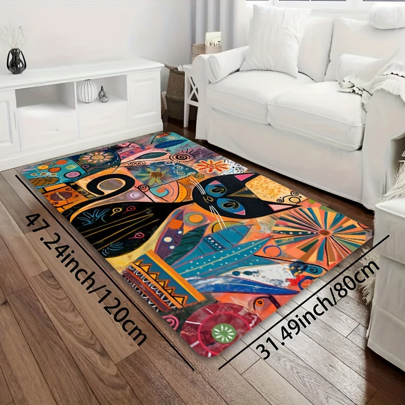 Abstract Art Cat Doormat - Easy to Clean in Washing Machine, Non-Slip PVC Backing, Made of Durable Polyester - Rectangle Mat for Bathroom, Kitchen, Living Room, or Bedroom - Stylish Entryway Decor Rug