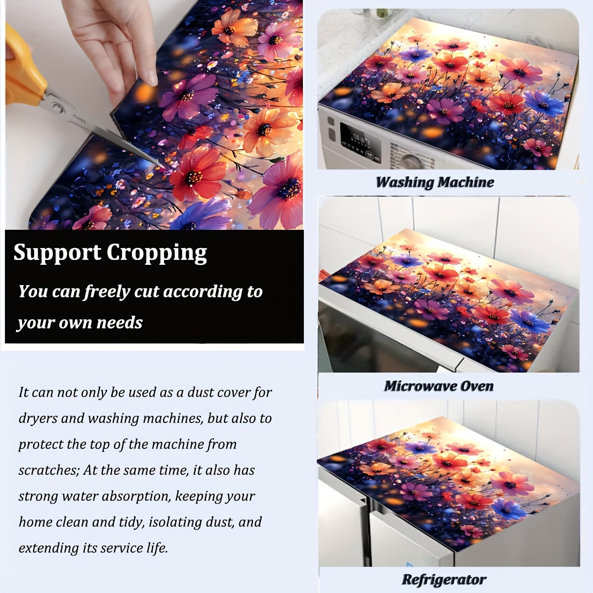 1pc Floral Washing Machine Dust Cover Mat made of polyester, perfect for protecting your washer, dryer, and small appliances. This universal quick-dry top pad is not only practical but also adds a modern touch to your home decor. Its absorbent and