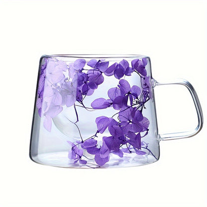 7oz Double-Walled Glass Mug with Real Flowers - Ideal for Tea, Milk, Coffee | Anti-Scald Handle | Perfect Gift for Friends & Colleagues