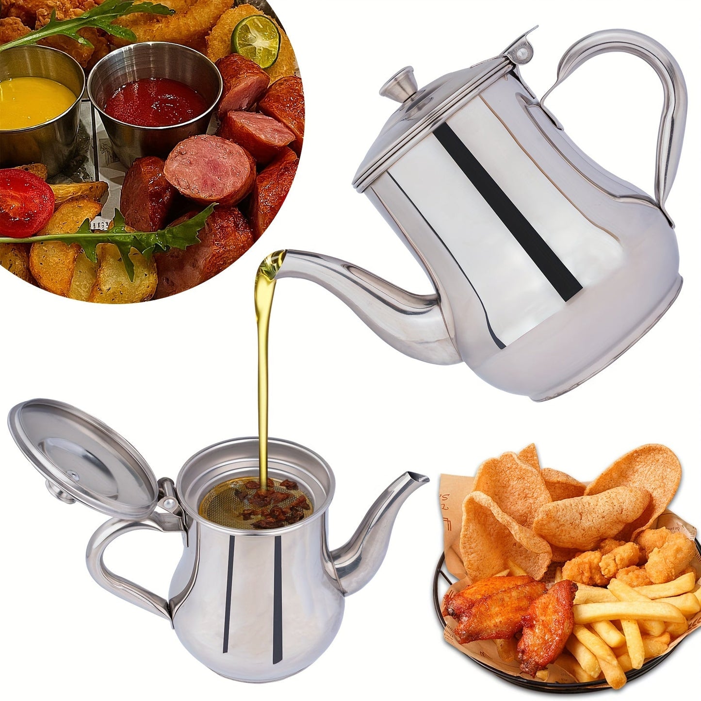 Silver Stainless Steel Gooseneck Teapot with 48oz Capacity and Integrated Filter, BPA-Free Metal Tea Kettle and Coffee Server, Multi-Purpose Oval Table Serving Pot for Home, Restaurant, Outdoor Use. Dishwasher Safe.