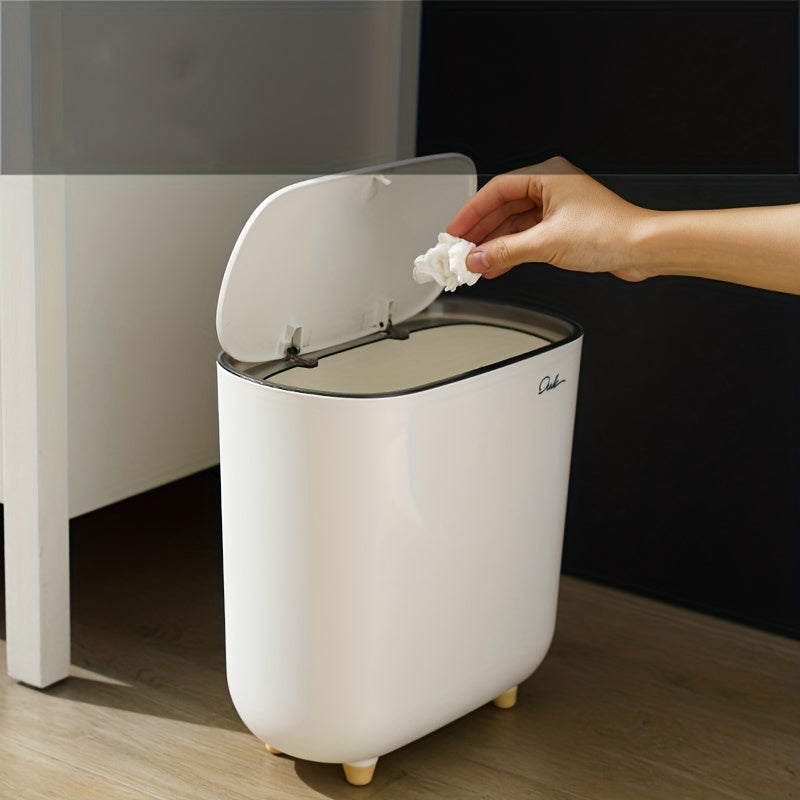 Slim plastic trash can with lid for small spaces, ideal for bedrooms, bathrooms, and living rooms.