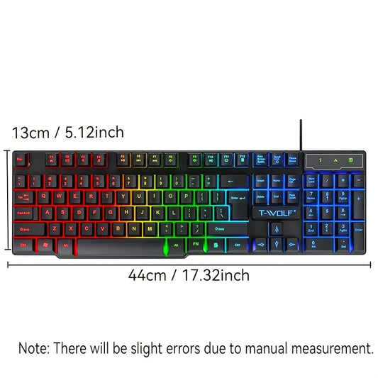 1pc T-WOLF Mechanical Gaming Keyboard with Ergonomic Design, Wired and Black LED Backlit for Office and Gaming.