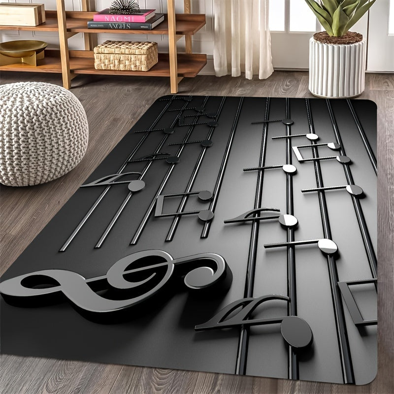 1 piece 3D musical note design rug that is non-slip, lightweight, and machine washable. Made of polyester, this carpet is perfect for music studios, living rooms, bedrooms, and entrances. It has a low pile and is machine-made, making it a stylish and