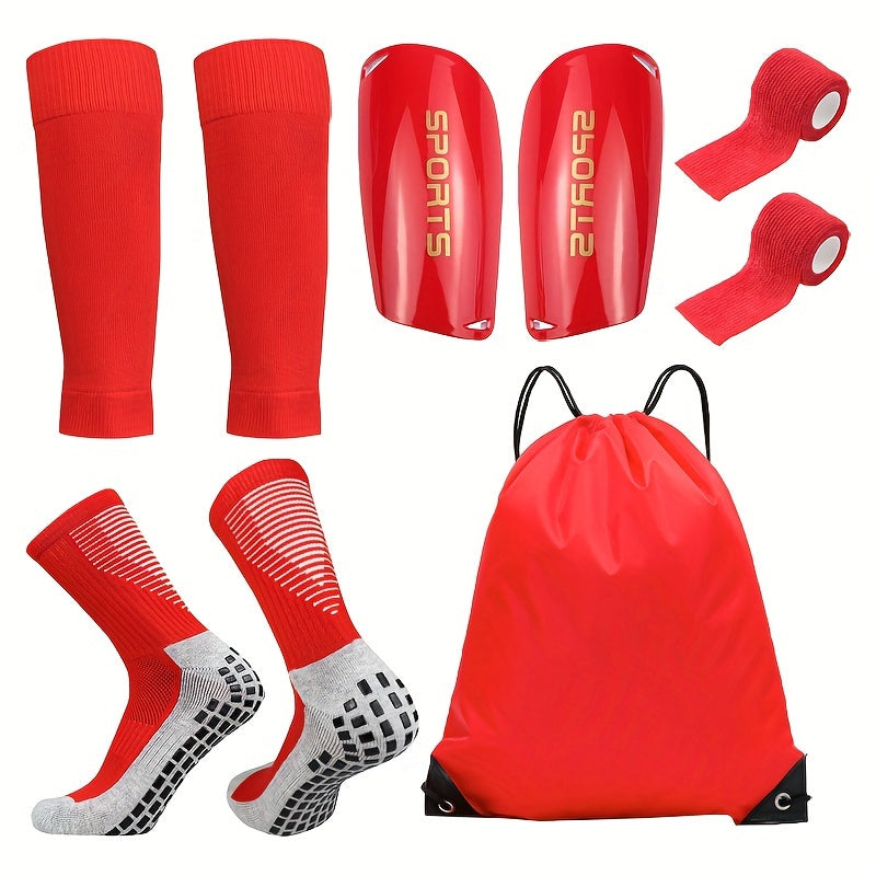 5-piece soccer gear set including slip-on socks, knee pads, and leg sleeves. Suitable for outdoor sports such as soccer, basketball, and yoga.