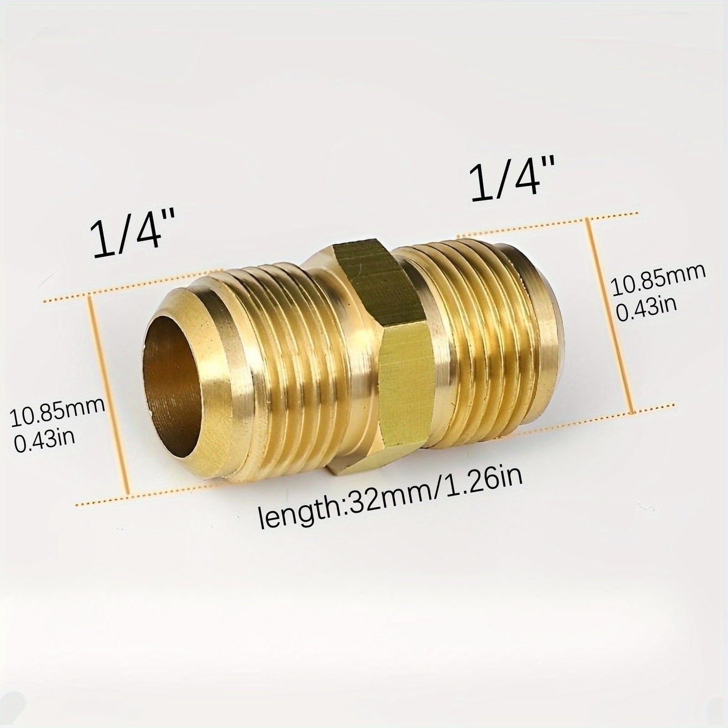 High-Quality Brass Air Conditioning Copper Tube Adapter - Female-Male Flare Thread Connector, Sizes Include 1/4", 3/8", 1/2", 5/8", 3/4" - Double-Headed Joint Ensures Leak-Proof AC Maintenance