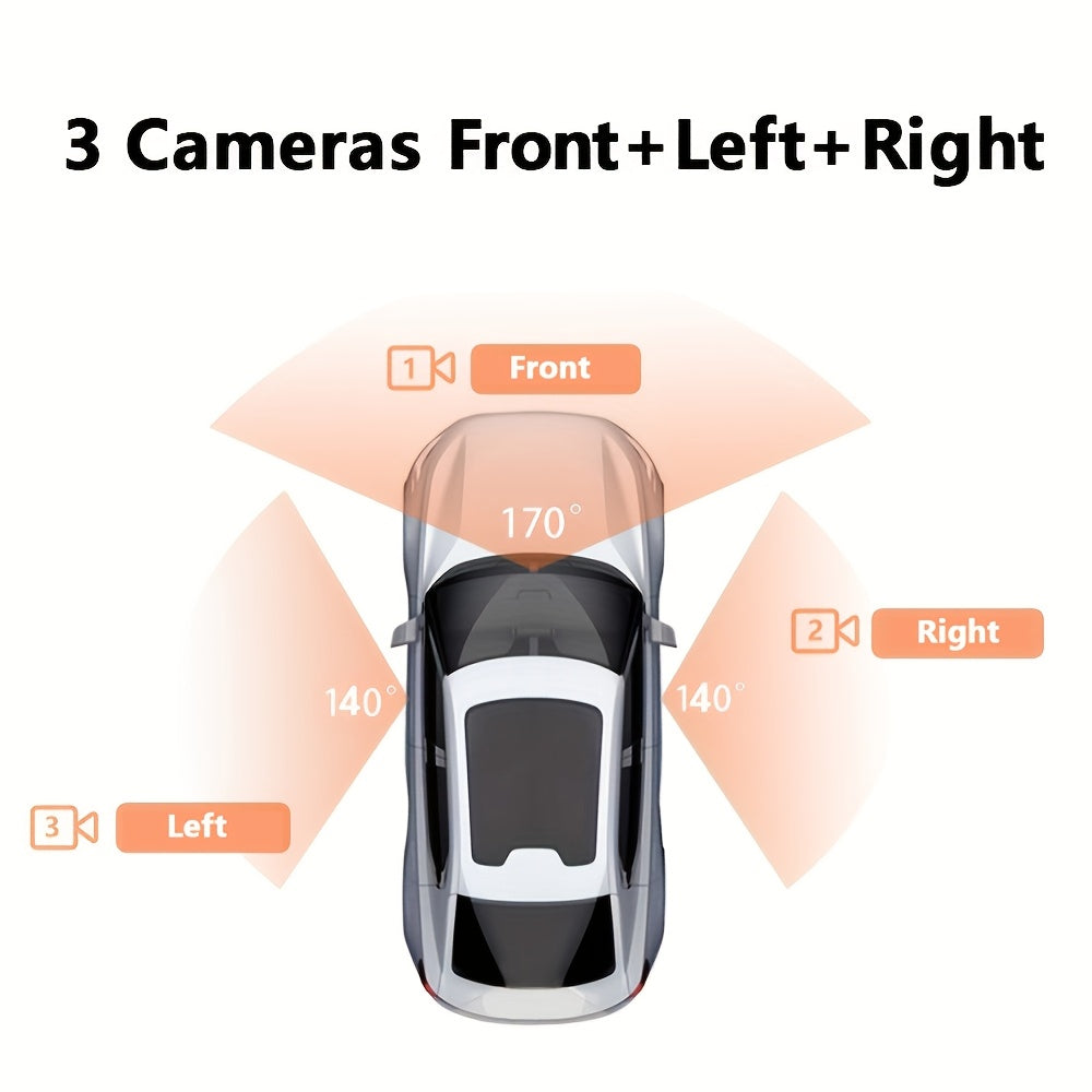 3-channel car dash cam with front, right, and left cameras, night vision, parking monitor.