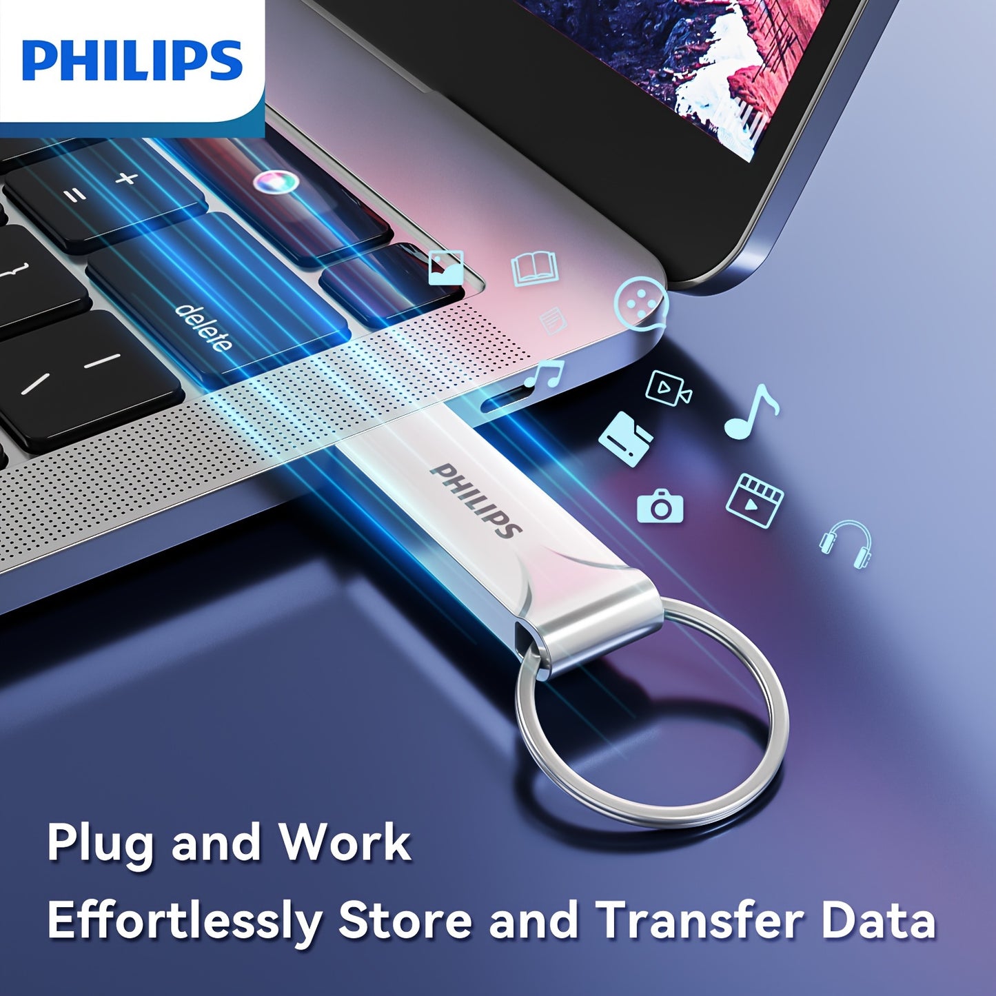 Large capacity USB flash drive with portable keychain design, suitable for most devices.