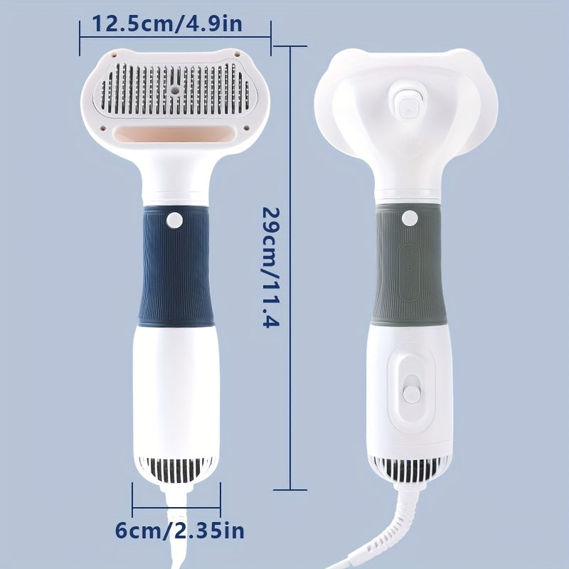 Professional pet grooming blow dryer for cats and dogs with 3 speed wind control and 3 blowing modes, no battery required. Includes pet hair remover comb and fur brush for styling.