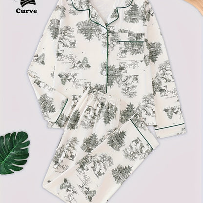 Elegant plus size women's pajama set with ink painting design, includes long sleeve button-up top and cozy pants, machine washable.