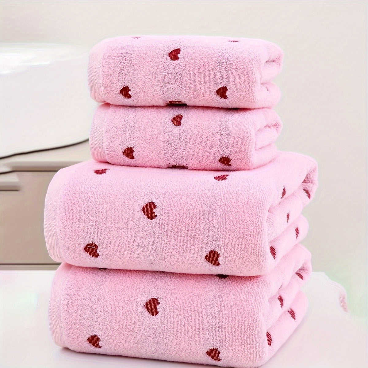 100% Cotton Towel Set with Heart Pattern, 2 pieces. Includes 1 hand towel (34x75cm) and 1 bath towel (70x140cm). Soft, absorbent, unscented. Great for couples, home use, and Valentine's Day