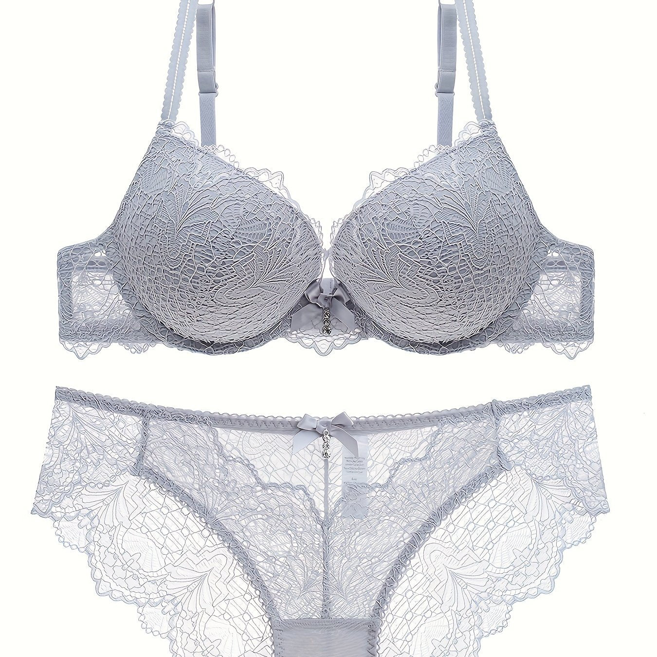 Floral lace lingerie set featuring a sexy push-up lace bra and bow tie panties for women.