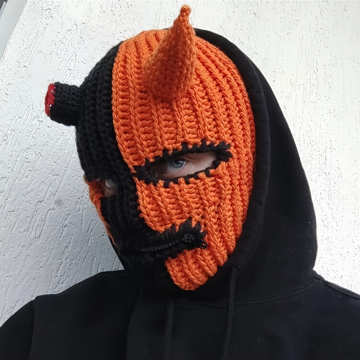 Stylish Striped Knit Balaclava with Blood Stains & Horns - Stretchy, Cozy Headwear for Halloween & Costume Parties, Perfect for Fall and Winter Seasons.