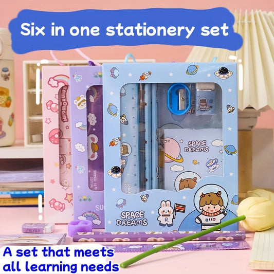 A set of six cartoon handheld stationery pieces in one bag, including two pencils, a ruler, an eraser, a pencil sharpener, a small notebook, and four color options. Perfect for students as