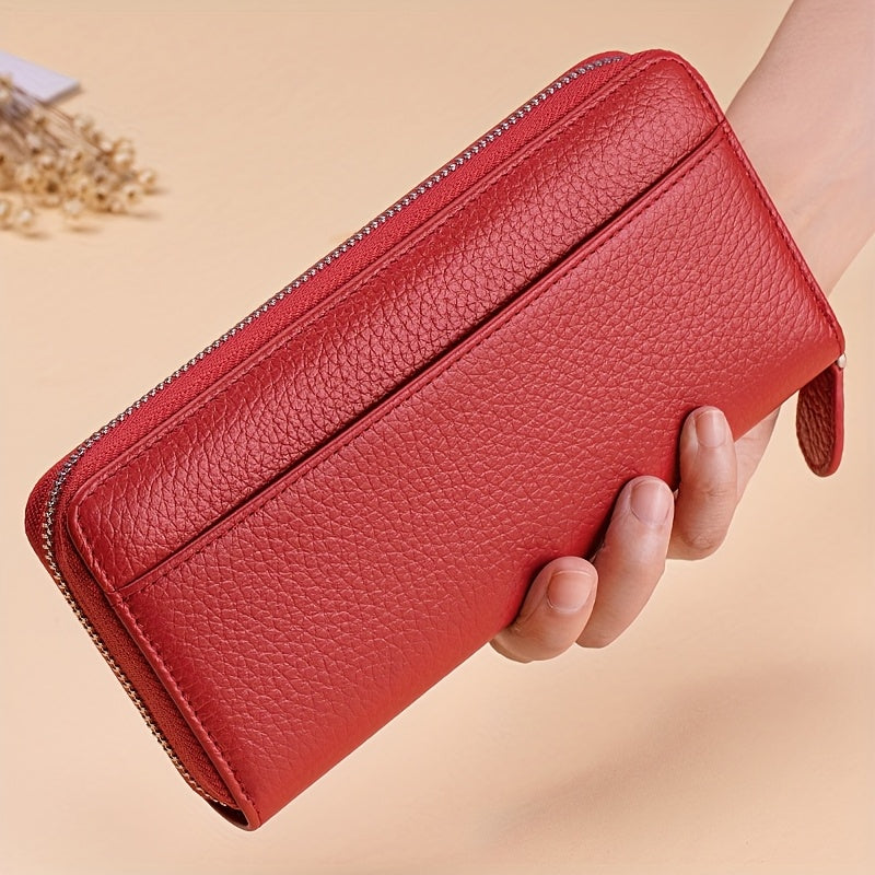 Women's Genuine Leather RFID Anti-theft Long Zipper Wallet with 19 card slots, 1 coin pocket, and 5 cash slots.