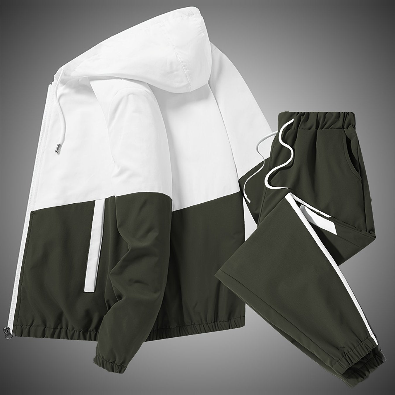 Stylish men's sportswear set with hooded jacket and long pants.