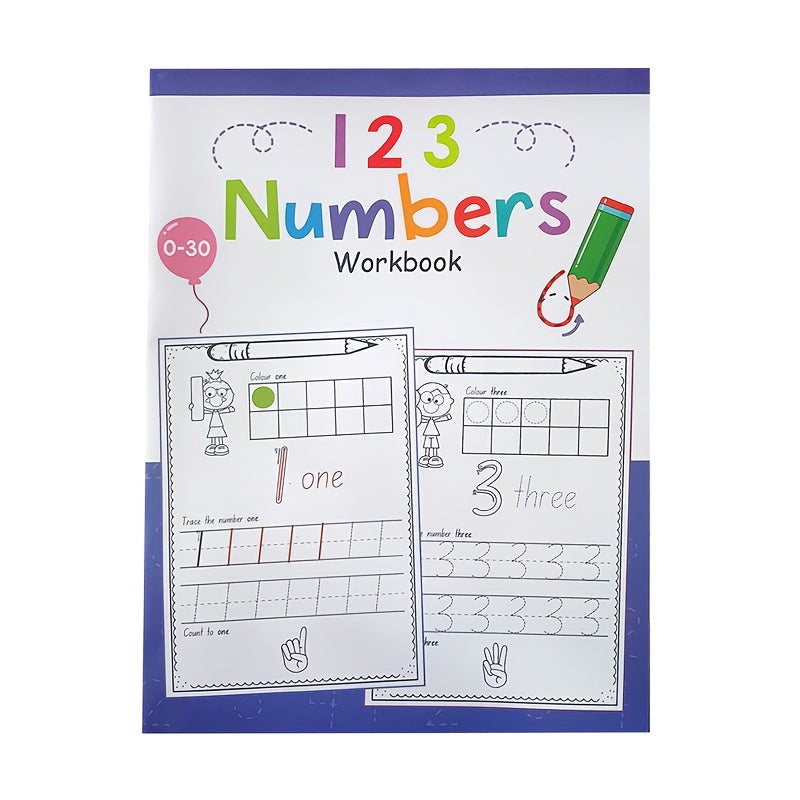 Children's A4 Workbook for Practicing Writing and Coloring Numbers 0-30 with an Emphasis on Developing Grip and Control.