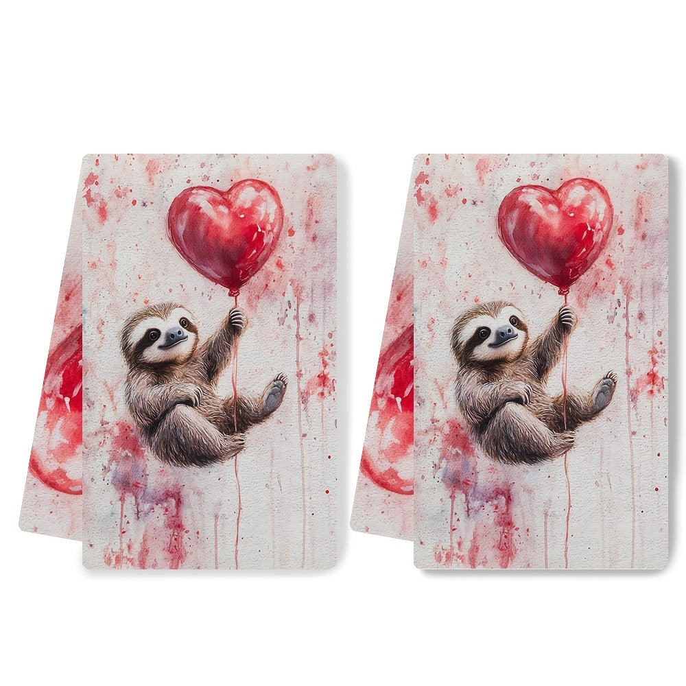 This set includes 2 ultra-soft kitchen towels with a Valentine's Day sloth holding a balloon heart, ideal for holiday decor. The dish and hand towels are highly absorbent, machine washable, and measure 40.64x60.96 cm.