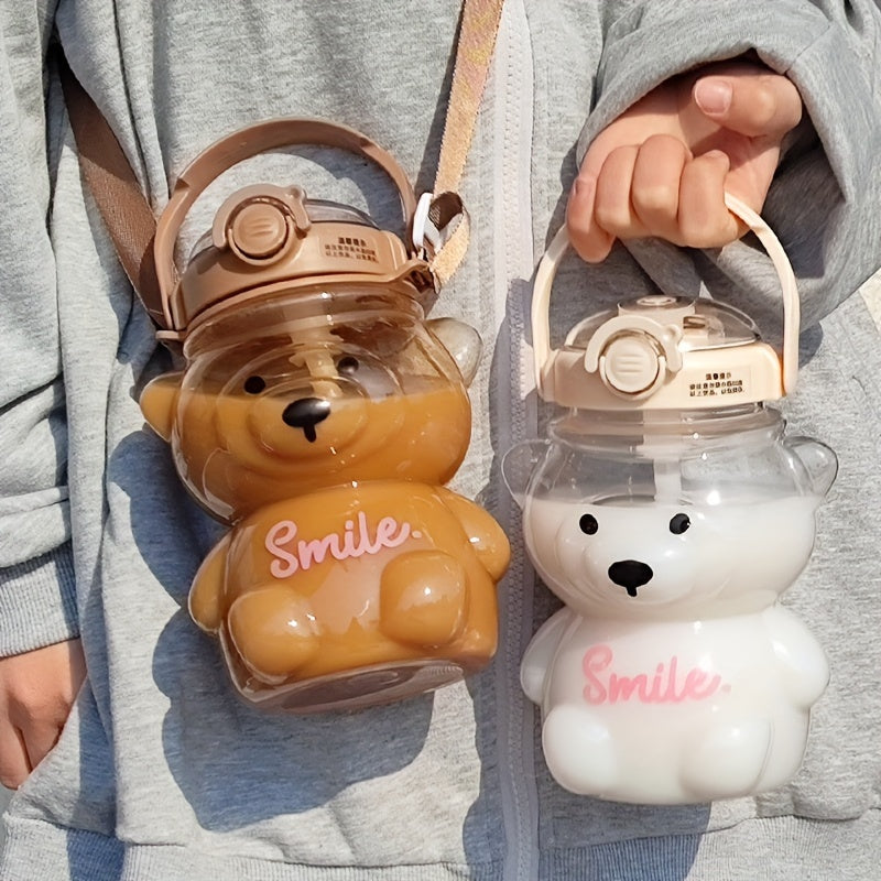 1000ml Transparent Bear Water Bottle with Straws, Backpack, and Handle; Hand wash only, PC Material, Leak-proof, PVC-free.