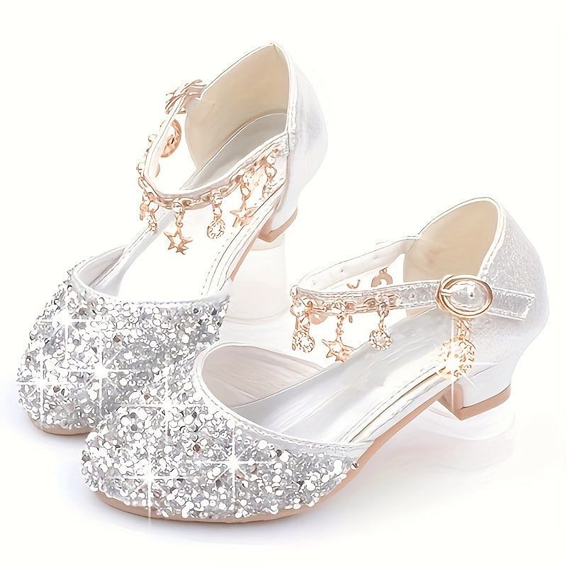 Girls' sparkling princess high heels with glittery golden sequin and rhinestone star design, perfect for weddings, performances, and formal events. Elegant ankle suspender dress shoes