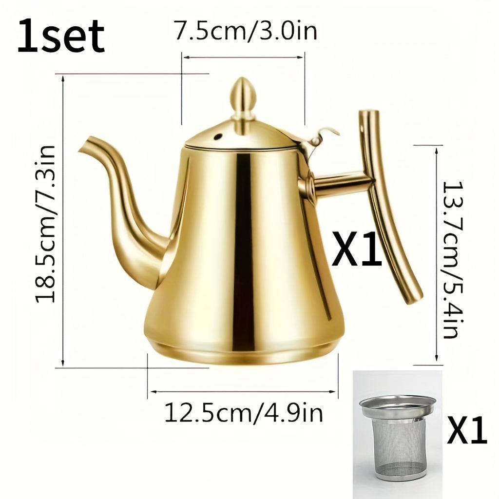 A versatile tea and coffee set featuring a stainless steel teapot with a removable infuser, a golden teapot with a filter, and a coffee pot with a filter. This Middle Eastern gift tea set comes in a beautiful gift box, making it perfect for use at home