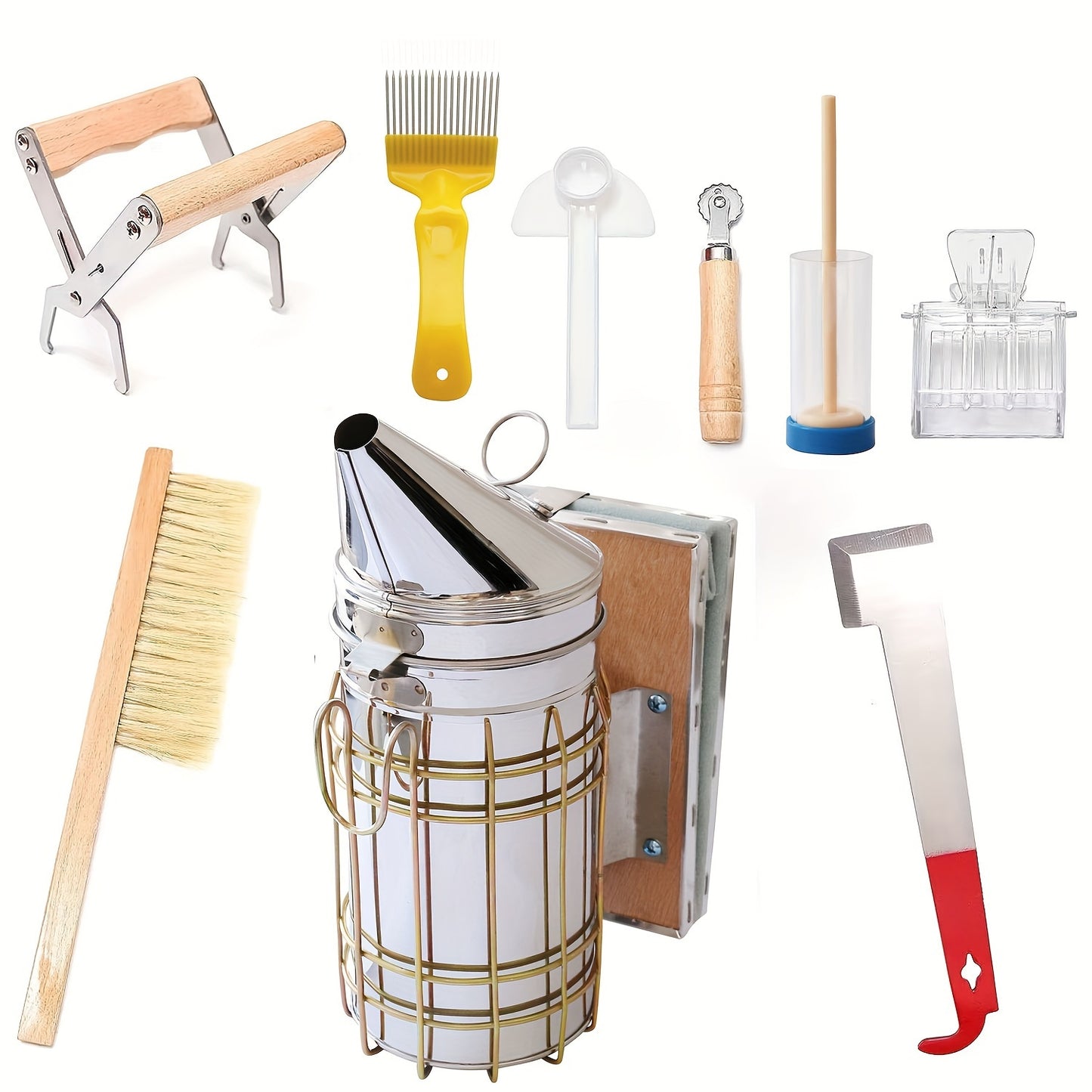 9pcs Beekeeping Tool Kit with stainless steel, wood, and plastic tools and beehive accessories - Perfect gift for beginner beekeepers.