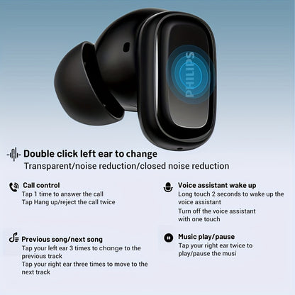 New Philips TAT2569 Wireless Earphones with Active Noise Reduction, Double Click Left Ear Adjustment, and Dual HD Microphone for Calls. Perfect for Sports.