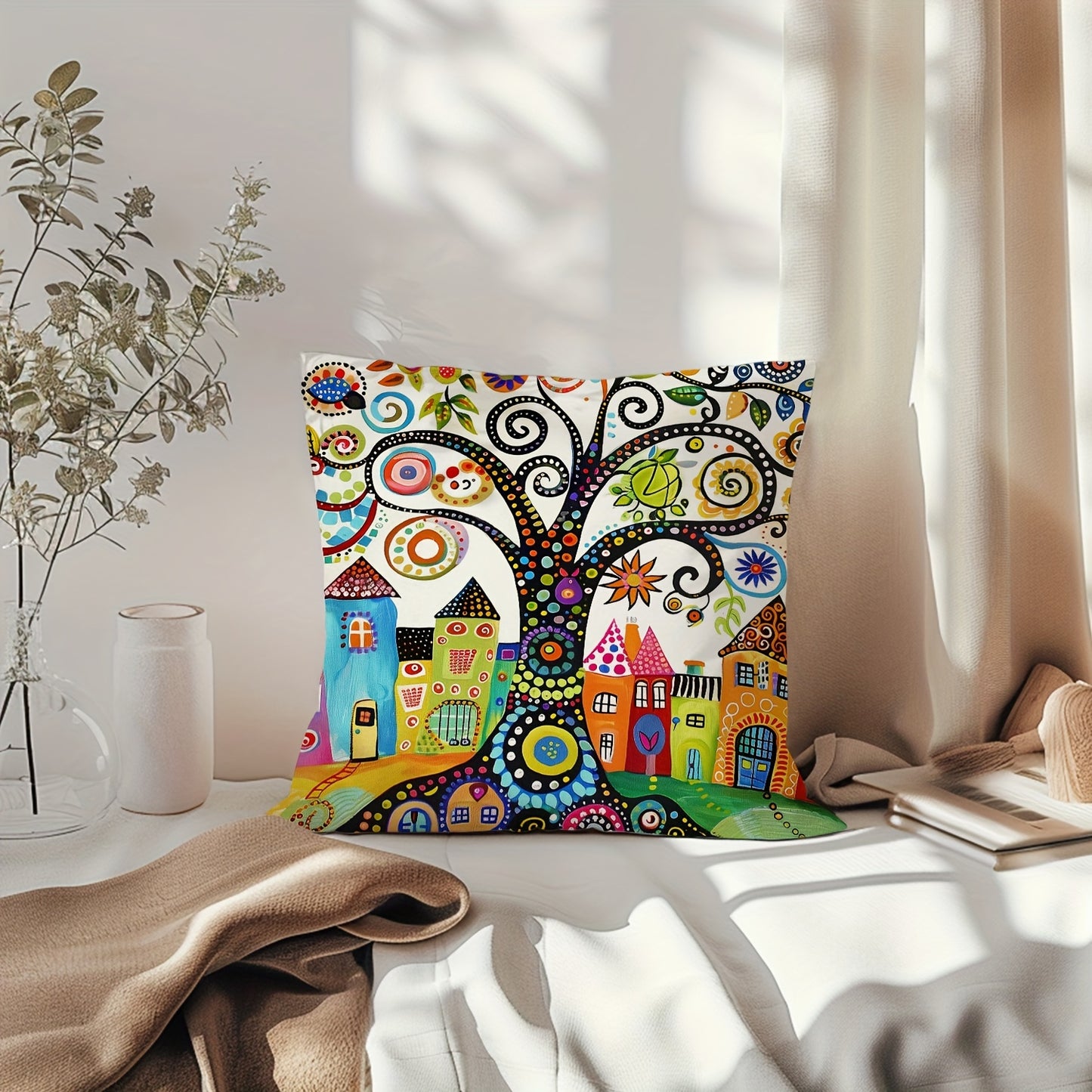 Whimsical Tree Throw Pillow Cover, 1pc, Traditional Style, Zipper Closure, Hand Wash Only, Woven Polyester, Decorative Cushion for Different Rooms, Sizes Available: 29.97cm*50.04cm, 44.96cm*44.96cm - No Insert