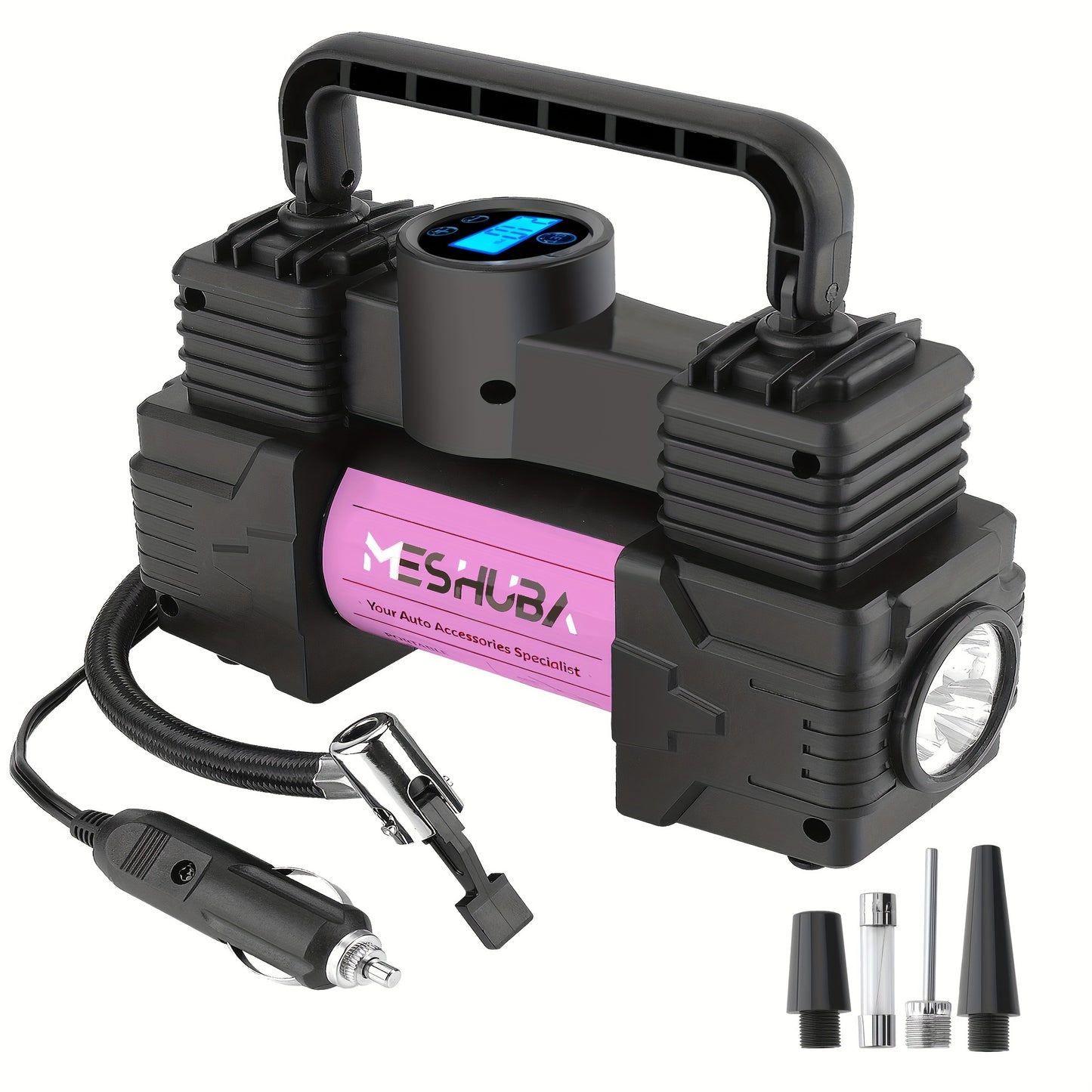 MESHUBA Tire Inflator: 12V Portable Air Compressor with 150PSI Digital Pressure Gauge for Car, Bike, and Ball, Purple