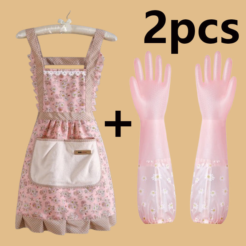 Get a pair of durable pink waterproof cleaning gloves, plus a non-slip pink apron. The dishwashing gloves are suitable for various uses in the kitchen, laundry, bathroom, toilet, living room, and bedroom. Made from PVC, these gloves are waterproof and