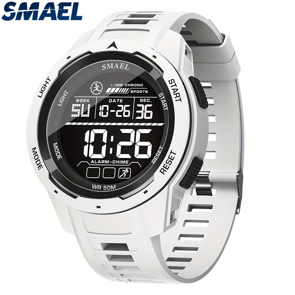 SMAEL Men's Waterproof Sports Watch with LED Display, TPU Strap, Stopwatch, Calendar, Weekly View, Shock Resistance, and Classic Movement Style