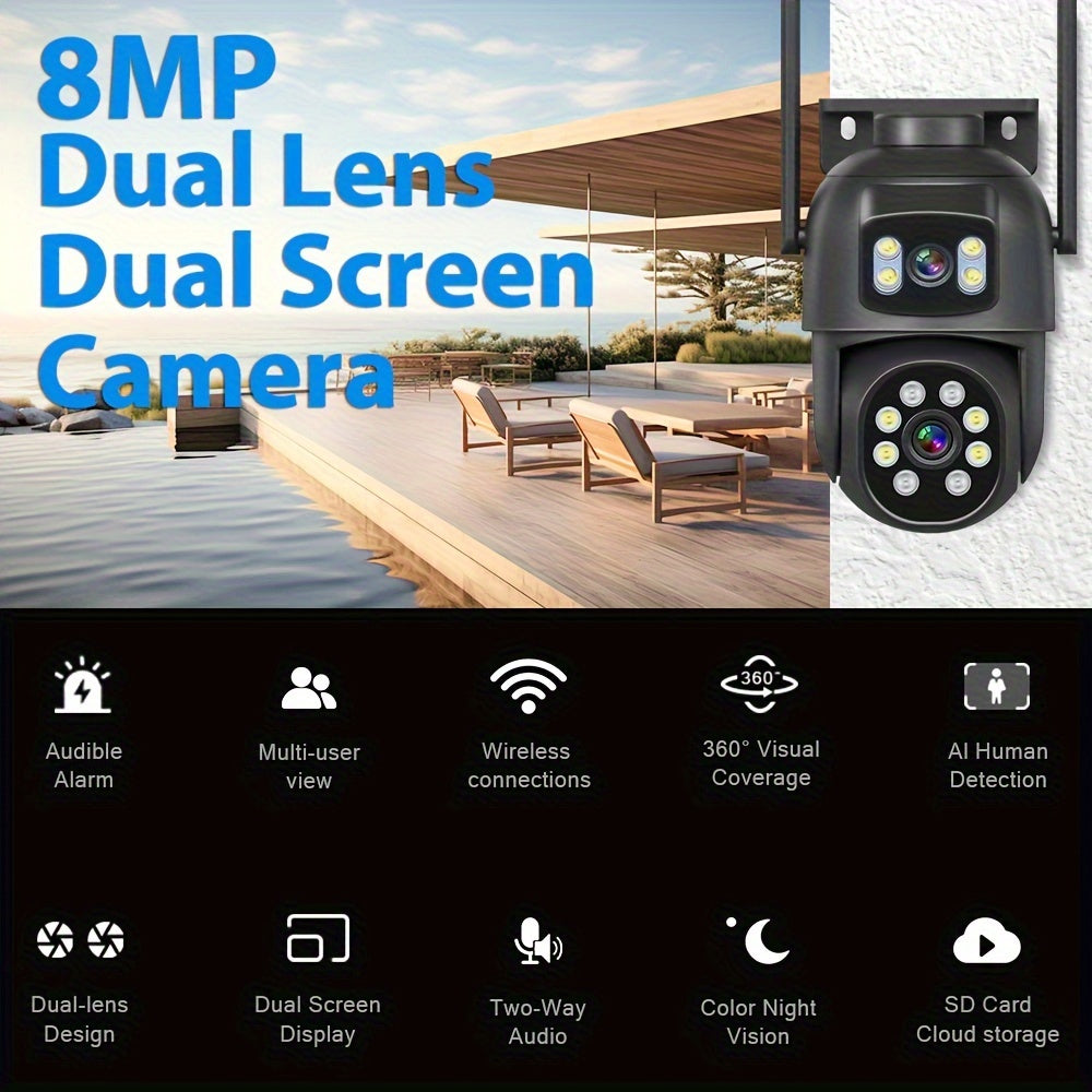 8MP Dual Camera WIFI Surveillance with Two-Way Audio, Motion Tracking, Night Vision - Indoor/Outdoor Security Monitoring with Memory Card Support