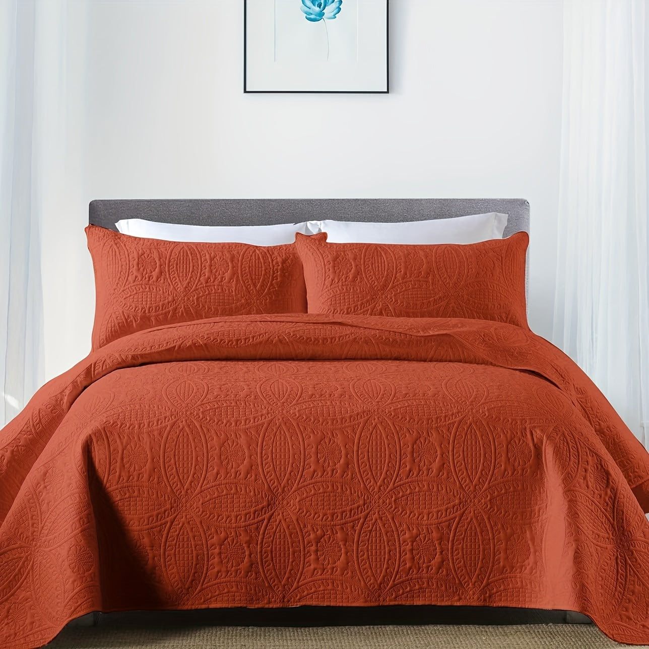 Comfortable and airy three-piece bedspread set featuring Soundwave technology and embossed circles design. Set includes one bedspread and two pillowcases, ideal for adding a touch of summer comfort to your bedroom or dorm decor. The perfect addition to