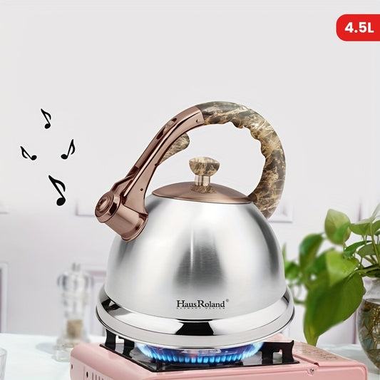 The HausRoland Tea Kettle is a 4.5L stainless steel stovetop teapot that whistles when water is boiling. It is compatible with gas and induction stovetops and does not require electricity to use. This food-grade water kettle comes with a whistle for