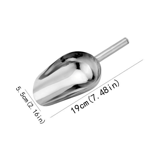 Stainless steel ice scoop for kitchen utility, suitable for ice, tea, coffee, flour, soybeans, popcorn, and candy.