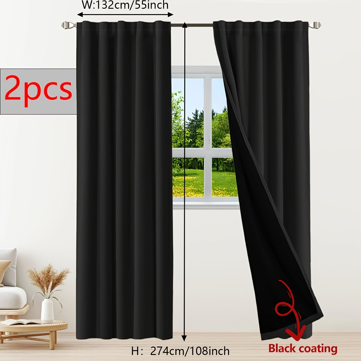 Two pieces of contemporary blackout curtains made from thermal insulated twill weave polyester. They are designed to reduce noise and block out light, making them perfect for the living room, bedroom, or study. These curtains feature a hook and ring rod