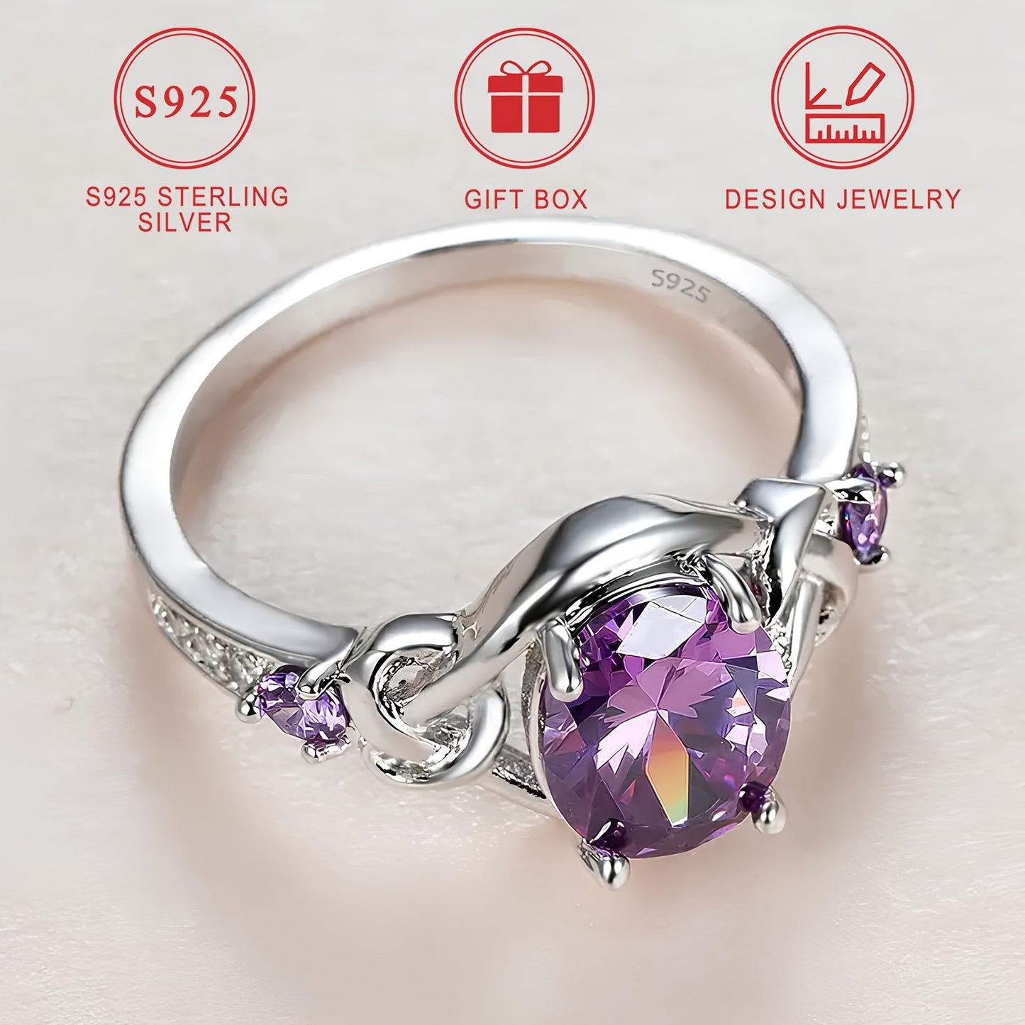 French-style 925 sterling silver engagement ring with oval synthetic purple cubic zirconia. 3-stone setting with twist knot design. Ideal for daily wear and special occasions. Comes with