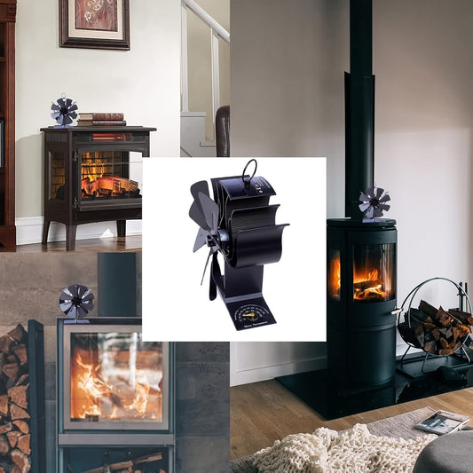 Aluminum 8-Blade Fireplace Stove Fan with Thermometer and High-Speed Polished Finish - No Electricity Required, Silent Operation, Ideal for Wood Burning Fireplaces and Stoves in Winter, Not Suitable for Soapstone/Pellet Stoves.