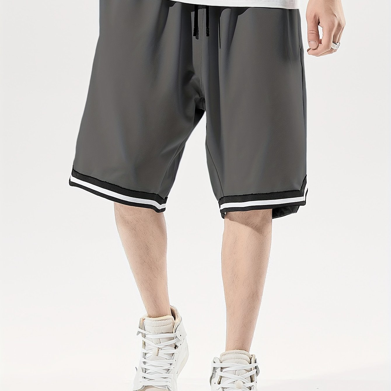 Men's plus size sports shorts with geometric pattern, loose fit, knit polyester fabric, mid-length, 250g/m² weight - perfect for comfortable summer wear.