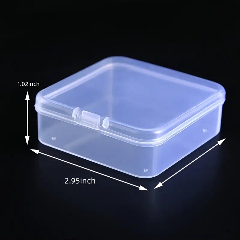 Small transparent storage boxes with hinged lids, ideal for storing stickers and other accessories. Can also be used as a portable organizer for various items. Available in packs of 5 or 10.