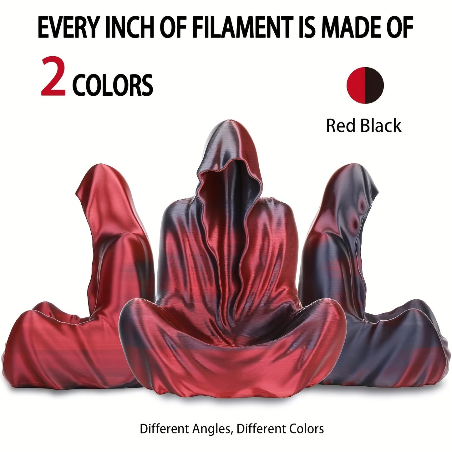 Dual-color red black PLA 3D printer filament, shiny coextrusion, 1KG/2.2lb.