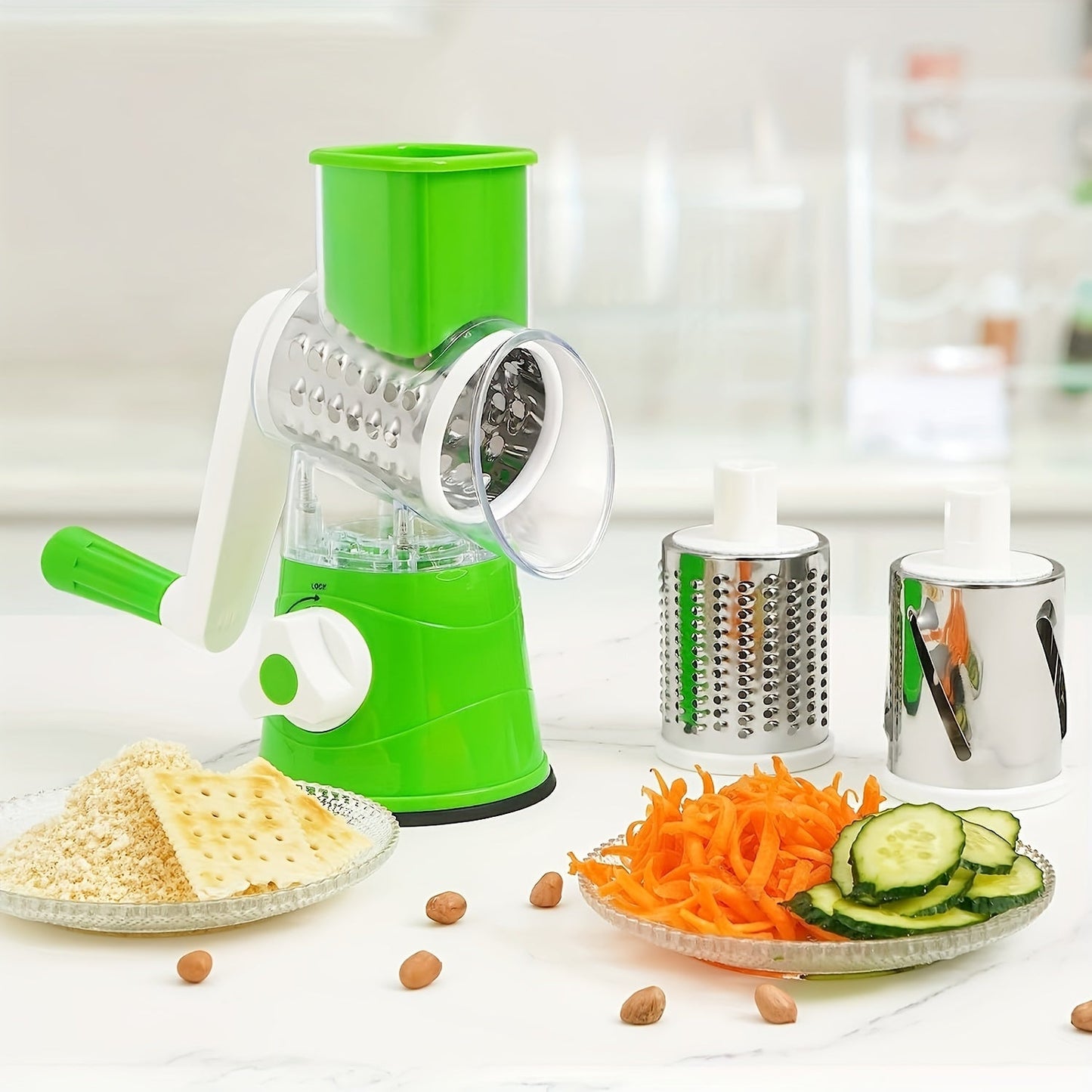 Three-in-one Manual Cheese Grater Set includes three interchangeable drums - Multipurpose Vegetable Slicer, Efficient Kitchen Tool, Sturdy Non-Slip Base, Simple to Clean, Made of Durable Plastic, Suitable for Potatoes, Fruits, and Various Ingredients.