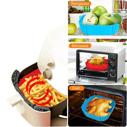 Reusable Silicone Air Fryer Liner in Square Shape, 20.32cm Size, Non-Stick and Food-Safe. Compatible with 4-7QT Ovens, Microwave, and Refrigerator. No Electricity Required. Available in Red and Blue.