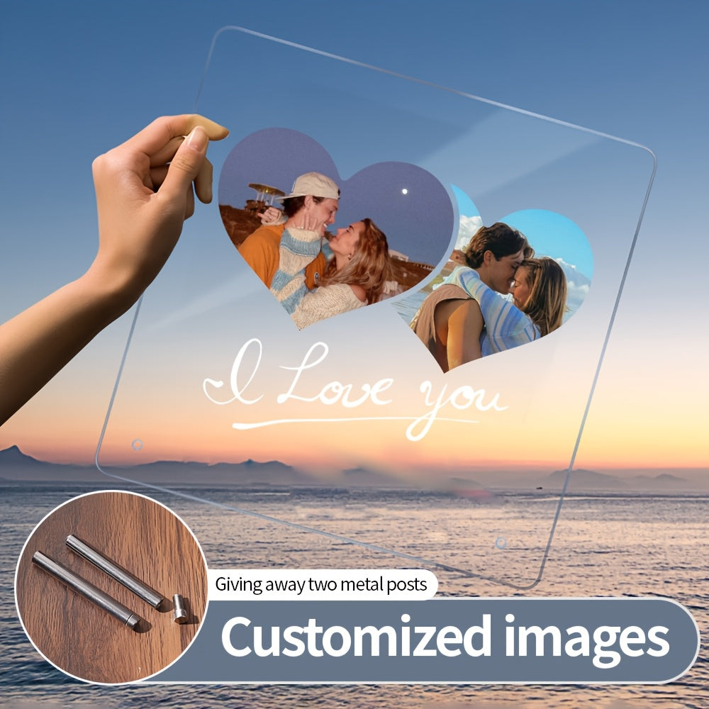 Single frame with LED light featuring personalized photo and customizable acrylic love heart design. Transparent stand for displaying pictures, perfect for celebrating special occasions such as anniversary, Valentine's Day, Christmas, Mother's Day