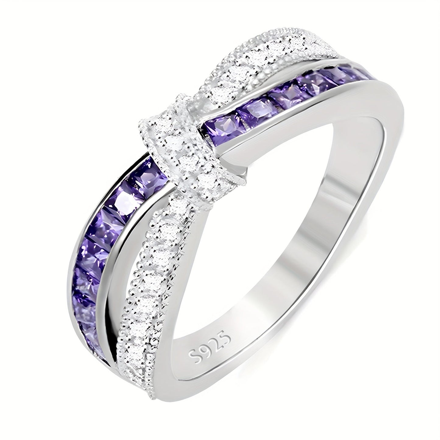 Ring:

This stunning ring is made of 925 sterling silver, with colorful shiny zirconia stones that form a cross bow design and feature a beautiful purple zirconia inlay. It is the perfect accessory for daily wear, parties, and holidays. This ring makes a