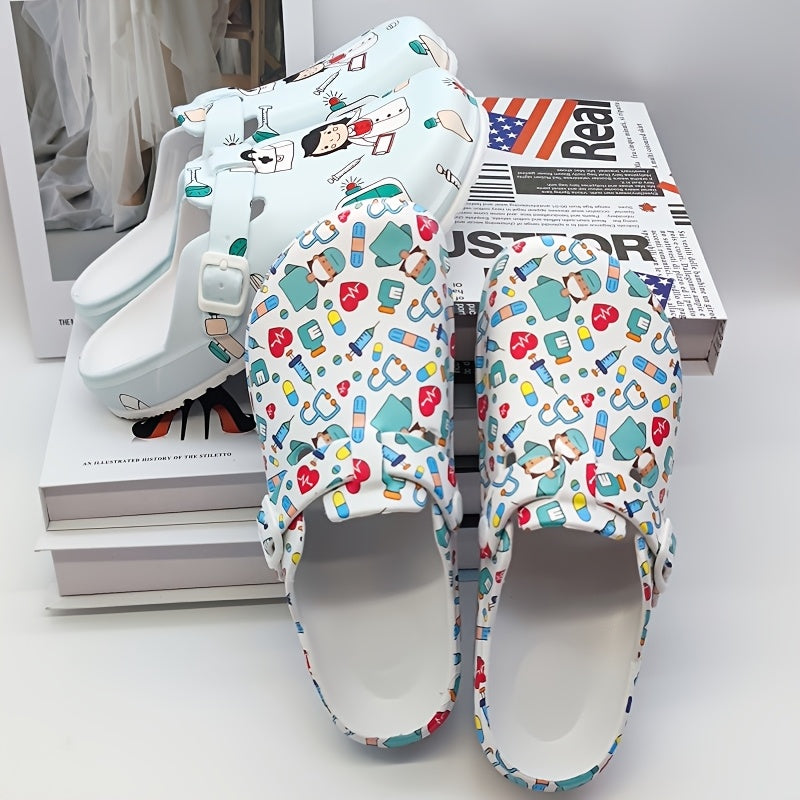 Cartoon nurse print slippers: quick-dry, comfortable indoor shoes for women.