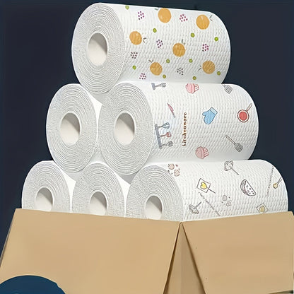 Roll of 50 disposable kitchen paper towels, perfect for cleaning up in the kitchen. These absorbent dishcloths are great for dry and wet use, as well as removing oil. A must-have for your kitchen supplies and cleaning supplies. Get ready for the