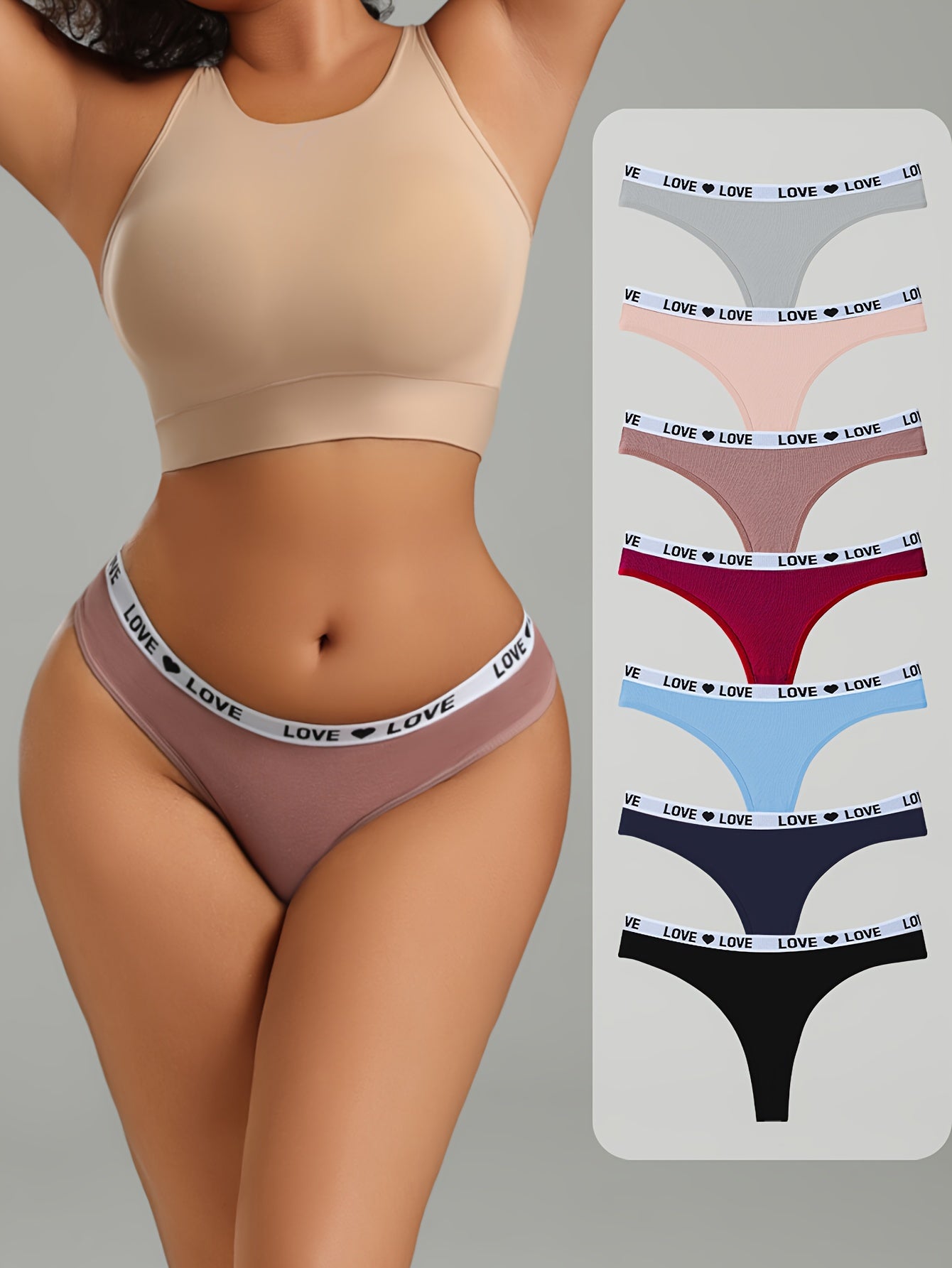 Seven sexy thong panties for women in solid color knit fabric with a drop waist, made of 95% elastane and 5% elastane for comfort fit.