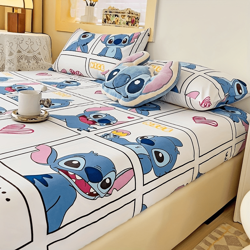 Enhance Your Space with Disney Stitch Themed 3-Piece Bedding Set Including Soft Fitted Sheet, Pillowcases, and Blue Plush Cushion. Made from High Quality Woven Fabric, Ideal for Home, Office, or Guest Room Decor.