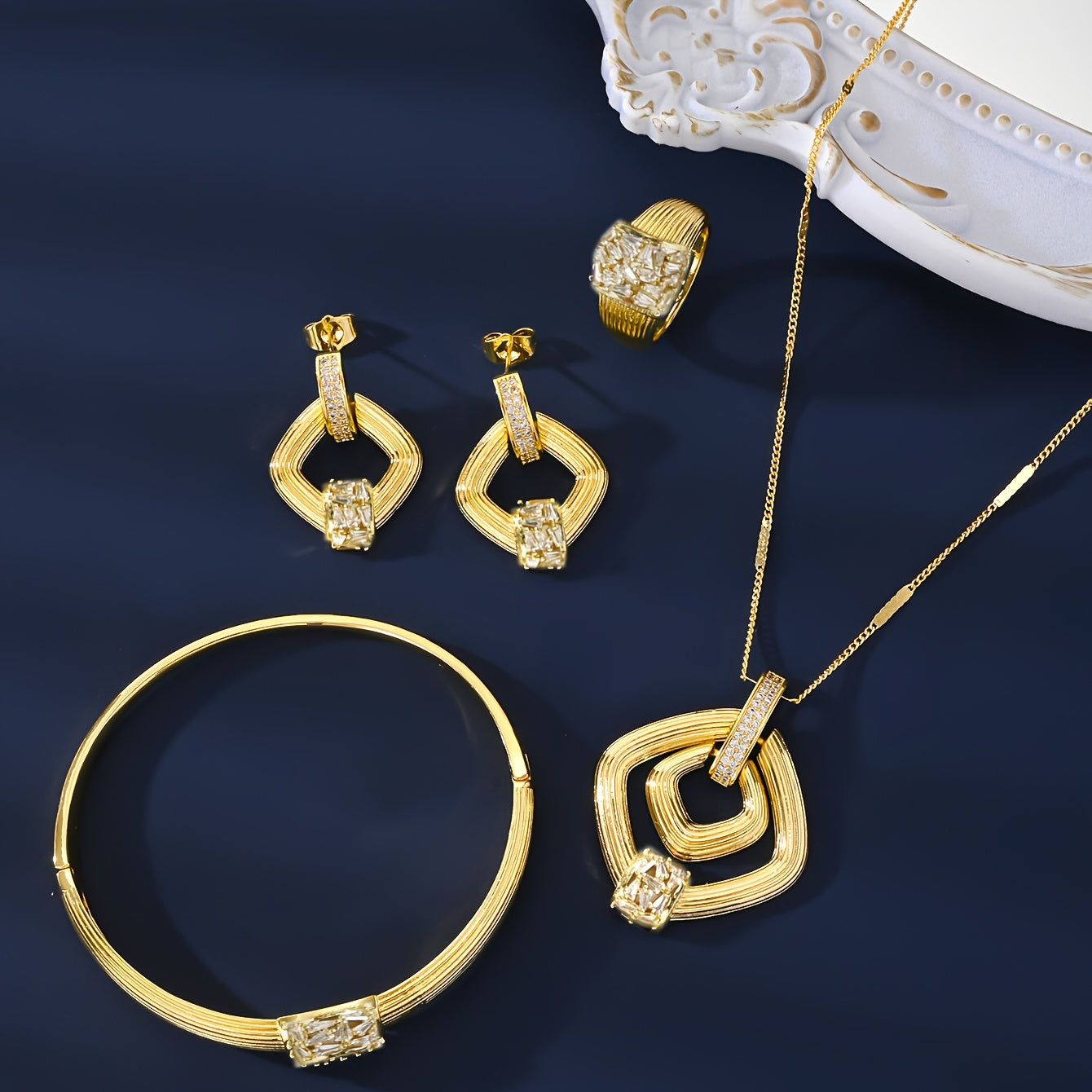 Vintage Luxury Style Jewelry Set by MEIZ - Elegant 18K Gold-Plated Zirconia Set Includes Necklace, Earrings, Bracelet, and Ring - Ideal for Everyday Wear or Gifting